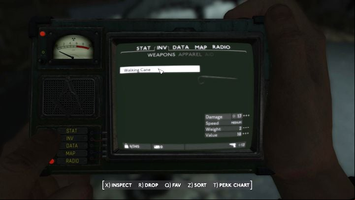 It's worth setting the cane as an active weapon in the PipBoy right away - it deals 17 points of damage - Fallout London: How to get your first weapon? - Equipment - Fallout London Guide