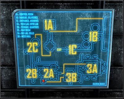 Raven Rock is divided into three separate sectors and you can use ageways marked as yellow lines to travel between them - Fallout 3: Other maps of the world - Maps of the world - Fallout 3 Game Guide