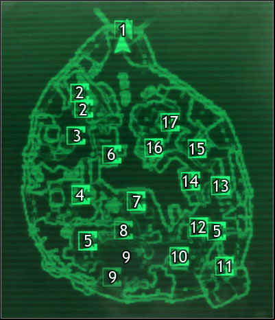 Map legend: 1 - main gate to Capitol Wasteland - Fallout 3: Megaton, detailed maps - Detailed maps - Fallout 3 Game Guide