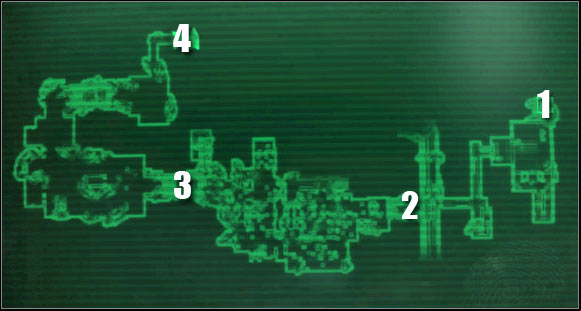 Map legend: 1 - entrance to the underground; 2 - entrance to the area occupied by new deathclaws; 3 - ageway near a destroyed building; 4 - exit to S - Main quests - QUEST 2: Shock Value - part 2 - Main quests - Fallout 3: Broken Steel - Game Guide and Walkthrough