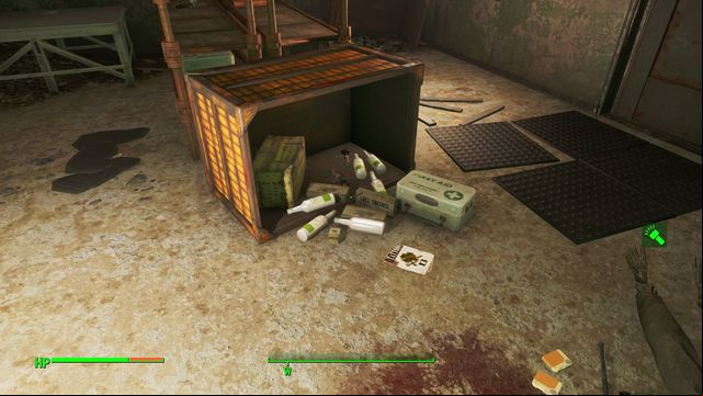 After you go down to the room below, around the flipped container, you find lots of cigarettes and alcohol - Fallout 4: Boston Police Rationing Site - Center of Boston - Sector 6 - Fallout 4 Game Guide & Walkthrough
