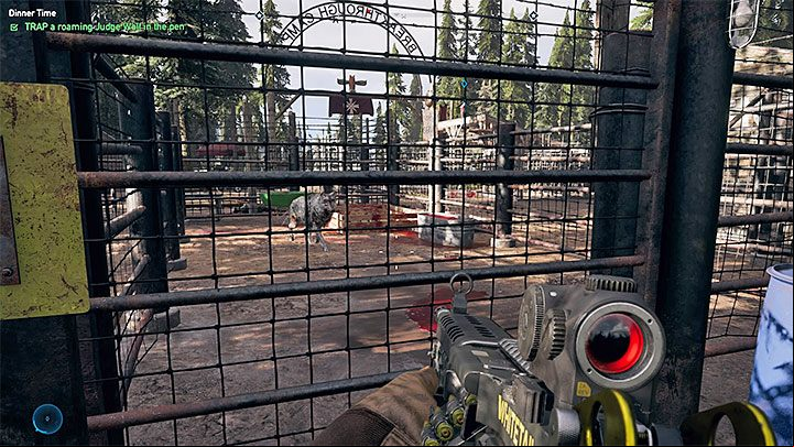 Move away from the pen - the plan is to lure the judge wolf into that pen - Dinner Time in Whitetail Mountains - Whitetail Mountains - Far Cry 5 Game Guide