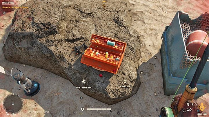 before you start fishing, you can find a box near the fishing spot, which allows you to choose the right equipment for a specific fish species - you will have to modify your fishing rod - Far Cry 6: Hunting and fishing - Basics - Far Cry 6 Guide