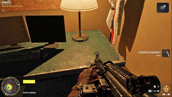 To use the elevator, you will need a key (Executive Elevator Key) - you can find it in the lobby on one of the desks with a computer - Far Cry 6: Paradise Lost - walkthrough - Esperanza - Far Cry 6 Guide
