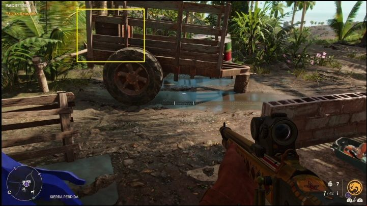 This chest is on a wooden cart, right next to a building where a flock of chickens is moving around - Far Cry 6: Roosters - list, locations - Other - Far Cry 6 Guide