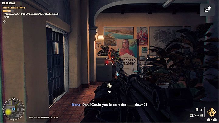 Any firearm will work best to destroy the objects in the office - Far Cry 6: Bottle Episode - walkthrough - Valle De Oro - Far Cry 6 Guide