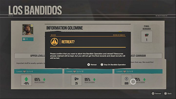 If you see that you are doing poorly or want to limit the losses when choosing a specific option, you can end an operation prematurely by selecting withdraw - Far Cry 6: Los Bandidos Operations - Basics - Far Cry 6 Guide