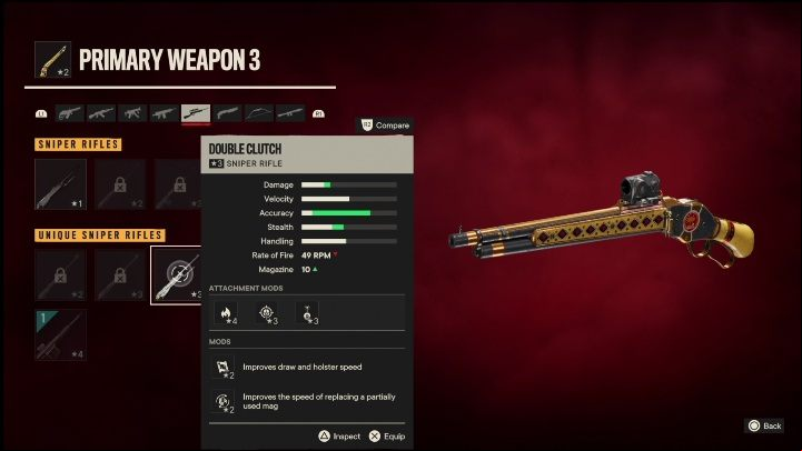 Special Features: The Double Clutch is a sniper rifle initially modified with - Far Cry 6: Sniper rifles, Unique weapons - list - Unique weapons - Far Cry 6 Guide