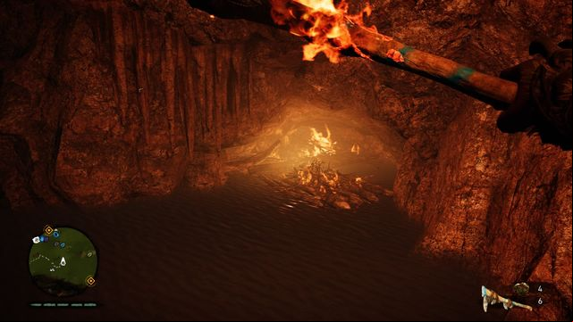 After you get down (the claw point is behind the rock obstacle, on the right side of the entrance), set the wooden structure on fire and swim beneath it - Cave paintings - Southern Oros - Far Cry Primal - Game Guide and Walkthrough