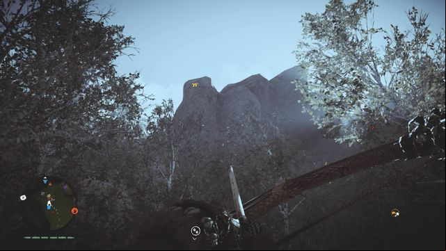 While standing at the bottom, near a place where you can find some plants and a cache among the rocks (the path blocked with stones), look up - Izila masks - Southern Oros - Far Cry Primal - Game Guide and Walkthrough