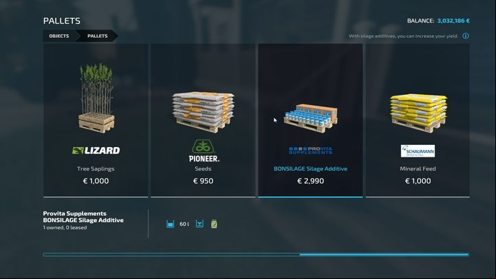 Silage additives are a special item available on pallets in the Pallet Shop - Farming simulator 22: What are silage additives? - FAQ - Farming Simulator 22 Guide
