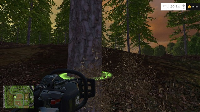 The circle marks the place where the chain saw will cut. - Woodcutting - Other - Farming Simulator 15 Game Guide