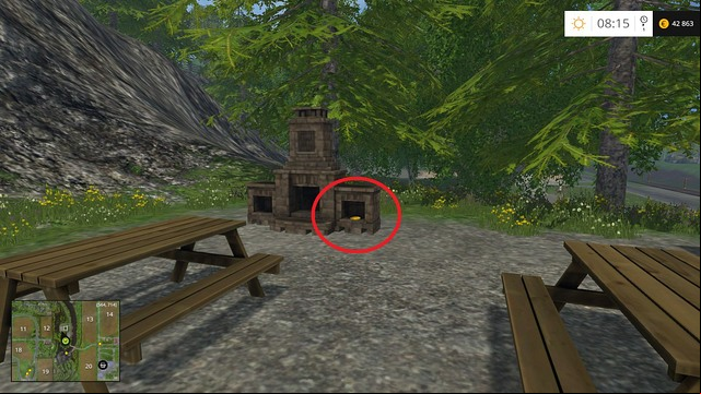 In a fireplace on a square with wooden tables - Section C - coins 30 - 44 - Gold Coins - Farming Simulator 15 Game Guide
