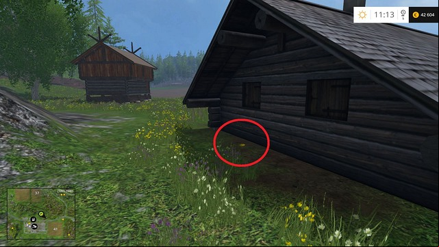 Behind a wooden hut - Section E - coins 55 - 69 - Gold Coins - Farming Simulator 15 Game Guide