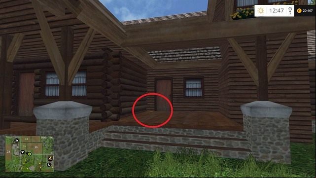 In front of one of the entrances to the big wooden house - Section F - coins 70 - 89 - Gold Coins - Farming Simulator 15 Game Guide