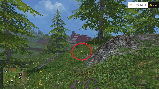 On the ground, near a rock and a tree - Section F - coins 70 - 89 - Gold Coins - Farming Simulator 15 Game Guide