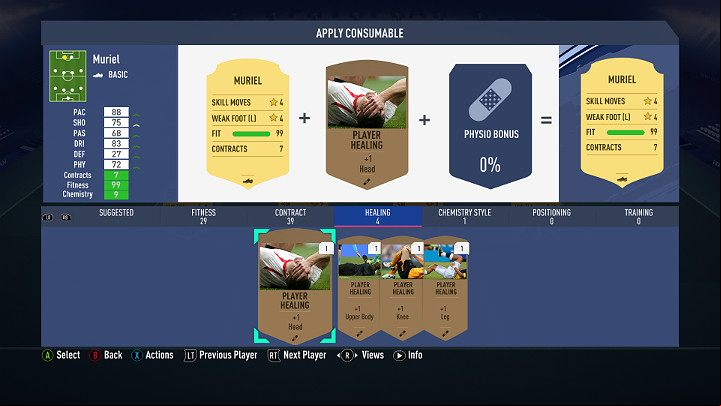 In the squad menu, select the right player, go to the actions menu and select consumables - Managing the Team in FUT - FUT Guide - FIFA 19 Game Guide