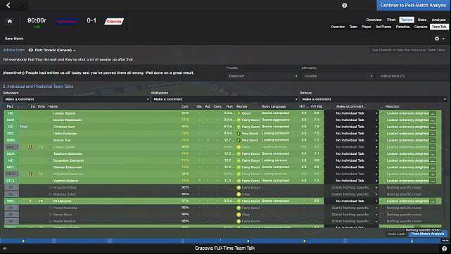 Its a good idea to compliment your players after you win a hard match. - Match interface - Match - Football Manager 2014 - Game Guide and Walkthrough