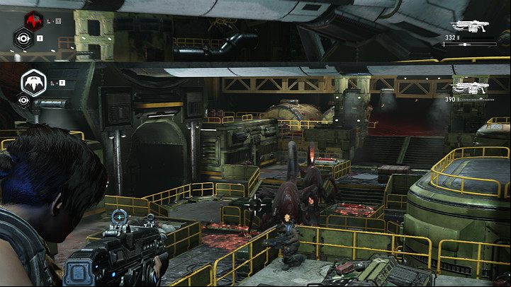 As soon as you get in the middle of the hangar, you will be attacked by two Snatchers and several armored creatures with grenade launchers - Act 3 Chapter 3 - Some Assembly Required | Gears 5 Walkthrough - Act III - Gears 5 Guide