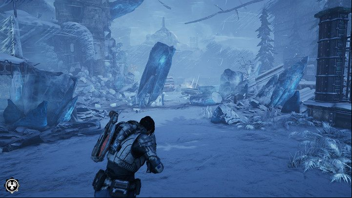 Besides the harsh weather conditions, you also have to face an enemy with a machine weapon guarding the entrance to the research facility - Act 2 Chapter 3 - Forest for the trees | Gears 5 Walkthrough - Act II - Gears 5 Guide