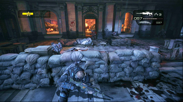 When you kill most of enemies, get inside the room and move to its right side - Halls of Judgment - The Courthouse - Gears of War: Judgment - Game Guide and Walkthrough