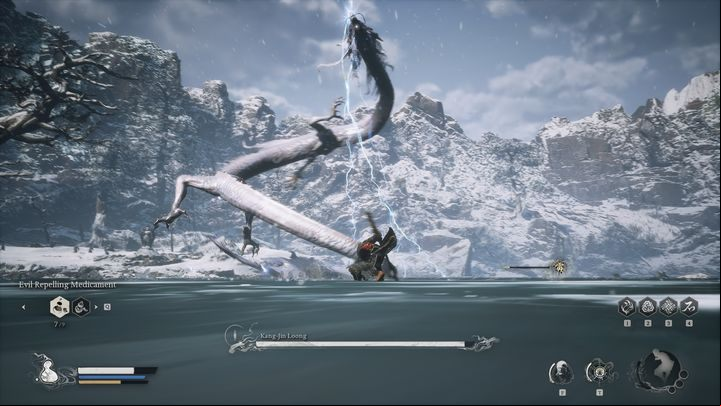 Since the boss spends a lot of the fight airborne where it can't be hit, you must wait for a good time to strike - Black Myth Wukong: How to defeat the Kang-Jin Loong boss? - Chapter 3 - Black Myth Wukong Guide