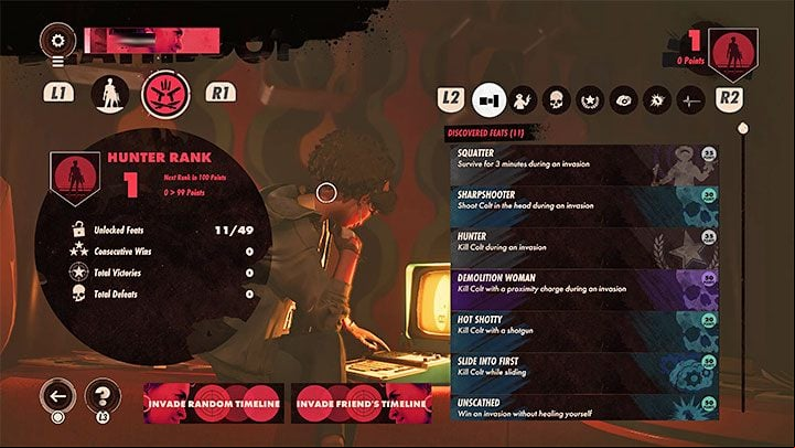 2) Hunter Progression - Here you can check the currently available Feats, such as killing Colt with a specific weapon or with a headshot - Deathloop: What are Invasions? - FAQ - Deathloop Guide