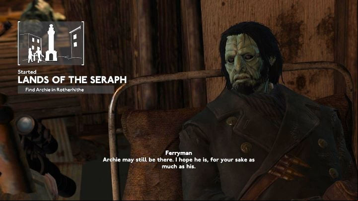 Lands of the Seraph quest focusing on finding Archie can be started in Thameshaven Market after completing Charybdis - Fallout London: Where to find Archie in Rotherhithe (Lands of the Seraph quest)? - Transition description - Fallout London Guide