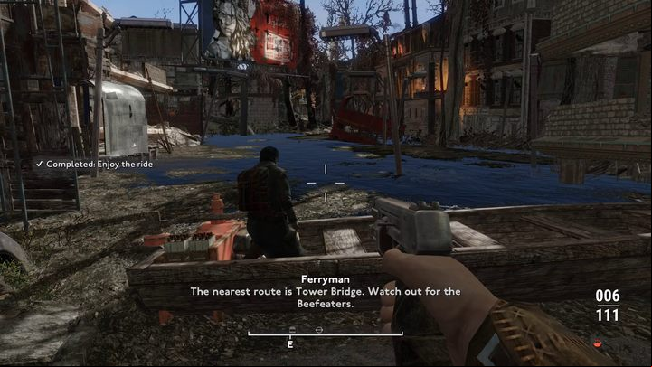 After safely reaching the other side, the Ferryman will tell you to leave the boat - Fallout London: Where to find Archie in Rotherhithe (Lands of the Seraph quest)? - Transition description - Fallout London Guide