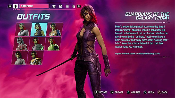 The Guardians of the Galaxy 2014 outfit for Gamora can be obtained in chapter 3 of the campaign - Guardians of the Galaxy: Outfits from the movie - are they in the game? - Appendix - Guardians of the Galaxy Guide