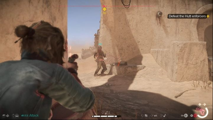 After the cut-scene, you'll have to take out two thugs working for the Hutt Cartel - Star Wars Outlaws: The Heavy - walkthrough - Tatooine - Star Wars Outlaws Guide
