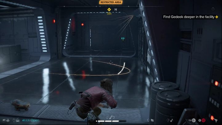 Go straight - you'll need to avoid another camera and two stormtroopers on the left - Star Wars Outlaws: The Droidsmith - walkthrough - Akiva - Star Wars Outlaws Guide