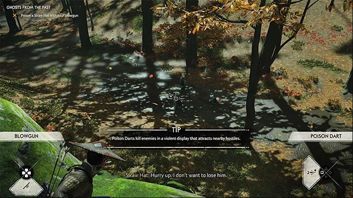 You can choose the blowgun from the drop-down menu for ranged weapons - Ghost of Tsushima: Ghosts from the Past walkthrough - Act 2 - Ghost of Tsushima Guide, Walkthrough