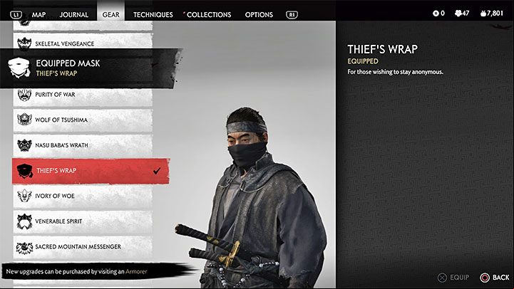 Thiefs Wrap mask instead of the standard mask - Ghost of Tsushima: Is Ninja Warrior outfit? - Character development and equipment - Ghost of Tsushima Guide, Walkthrough