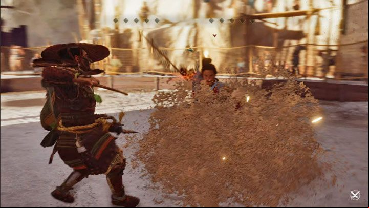 Sao uses red attacks and he will try to blind you by intentionally touching the ground with his weapon to kick sand into your characters face - Ghost of Tsushima Iki Island: How to beat Sao? - The Hidden Cove Tournament - arena battles - Ghost of Tsushima Guide, Walkthrough