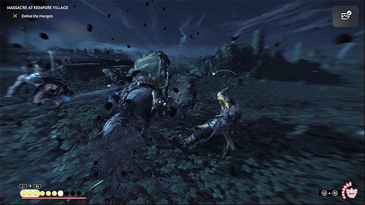 You have to get on the characters horse and ride towards the area where the fireworks exploded - this will be the location of the first battle - Ghost of Tsushima Iki Island: Massacre at Kidafure Village - walkthrough - Main Missions - Ghost of Tsushima Guide, Walkthrough