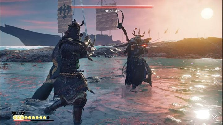 When using the sword, the Eagle can perform a series of rapid attacks, which can be regular, blue, or red - Ghost of Tsushima Iki Island: The Blessing of Death - walkthrough - Main Missions - Ghost of Tsushima Guide, Walkthrough
