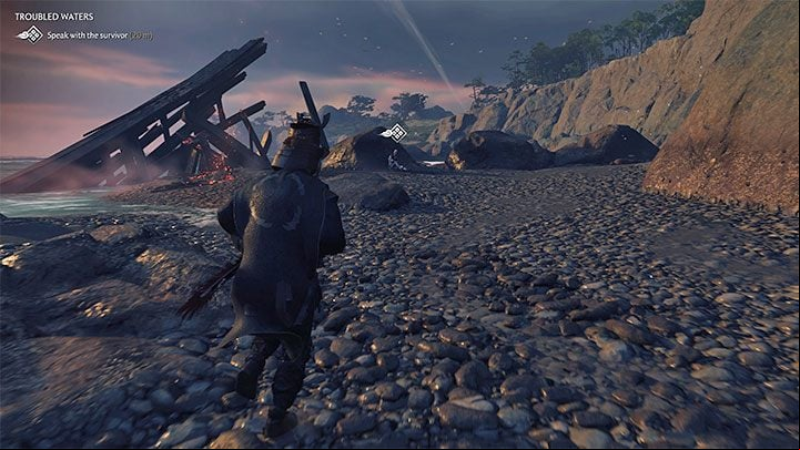 Next to the shipwreck, you will find a surviving raider - you need to talk to him - Ghost of Tsushima Iki Island: Troubled Waters - walkthrough - Side Quests - Ghost of Tsushima Guide, Walkthrough