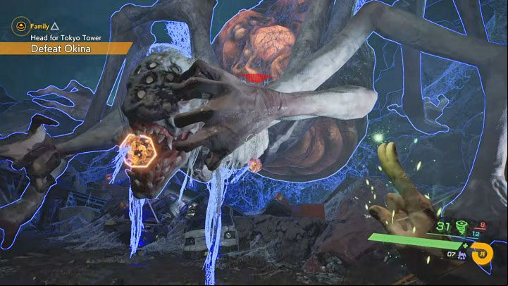 Using Spectral Vision near the boss will let you see that Okina has two weak points - on the mouth and in the lower part of the torso - Ghostwire Tokyo: Family - walkthrough - Chapter 5: Severance - Ghostwire Tokyo Guide