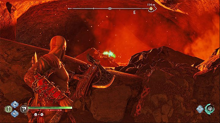 The raven sits next to the lava and the Legendary Chest described in the previous subsection - God of War Ragnarok: Burning Cliffs, Muspelheim - secrets, collectibles - Muspelheim - God of War Ragnarok Guide