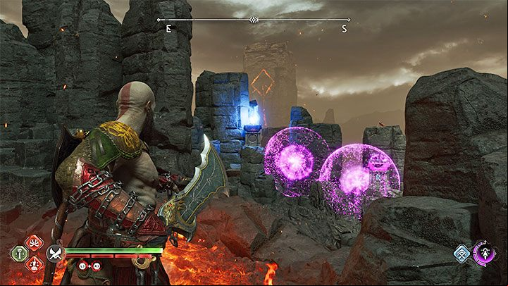 The second torch (with an R-shaped rune) is to the right of the first torch - God of War Ragnarok: Burning Cliffs, Muspelheim - secrets, collectibles - Muspelheim - God of War Ragnarok Guide