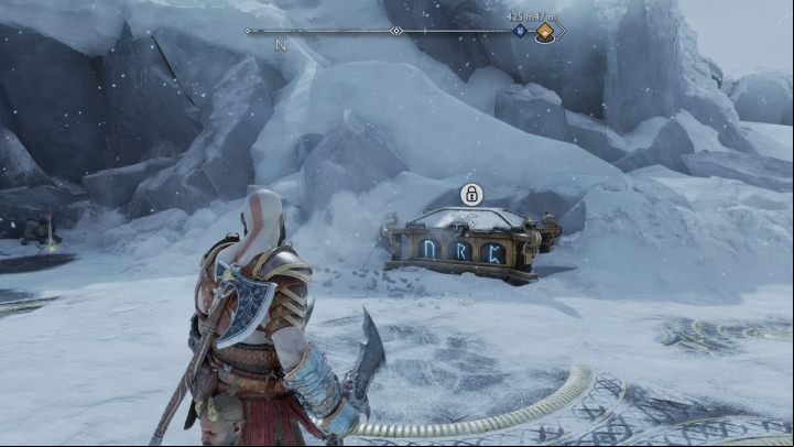 The chest can be unlocked once you find and set all 3 runic torches on fire - God of War Ragnarok: The Lost Treasury, Midgard - secrets, collectibles - Midgard - God of War Ragnarok Guide