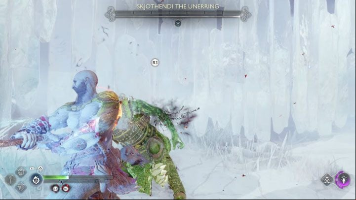 Once Skjothendi's health bar is depleted, there will be an opportunity to perform an execution on the boss - press R3 - God of War Ragnarok: How to defeat the berserker Skjothendi the Unerring? - Berserkers - God of War Ragnarok Guide