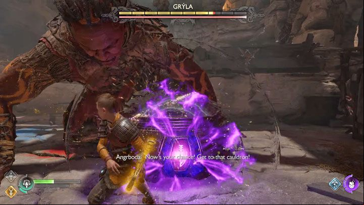 Gryla may drop the cauldron temporarily - use this opportunity for melee attacks - God of War Ragnarok: How to defeat Gryla and how to destroy the cauldron? - Bosses - God of War Ragnarok Guide