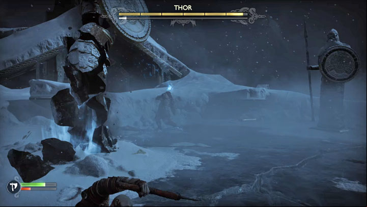 Thor will start using red ranged attacks - lightning attack and throwing Mjolnir - God of War Ragnarok: How to defeat Thor (first encounter)? - Bosses - God of War Ragnarok Guide