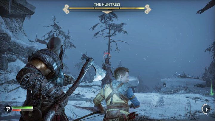 The weak point of the Huntress is her horns, but you have to wait for them to glow - God of War Ragnarok: Surviving Fimbulwinter - walkthrough - Walkthrough - God of War Ragnarok Guide