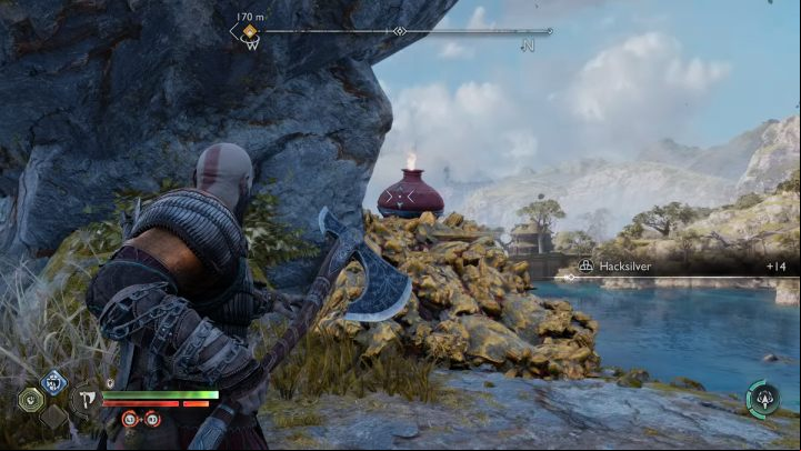 After leaving the boat, destroy the red vessel to smash the debris blocking the path on the right - God of War Ragnarok: The Weight of Chains - favor, walkthrough - Favors - Svartalfheim - God of War Ragnarok Guide