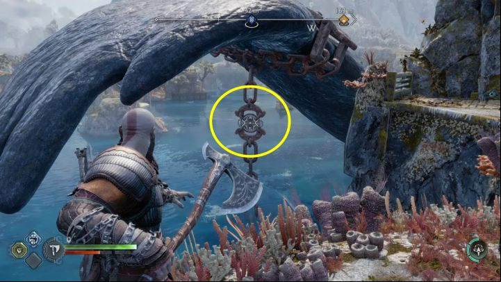 Cut the device marked on the screen and when the creature lifts up the fin, destroy the weak element of the chain - God of War Ragnarok: The Weight of Chains - favor, walkthrough - Favors - Svartalfheim - God of War Ragnarok Guide