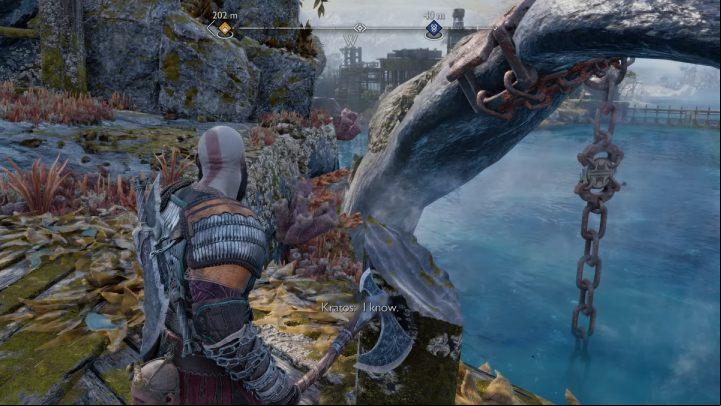 When the creature lifts up the second fin, throw the axe at the weak point on the chain to free it - God of War Ragnarok: The Weight of Chains - favor, walkthrough - Favors - Svartalfheim - God of War Ragnarok Guide