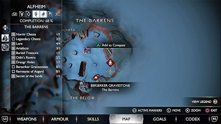 The Berserker Gravestone is in The Barrens region, but initially you cannot start the fight even if you approach the map marker - God of War Ragnarok: How to defeat Svipdagr the Cold and Sisters of Illska? - Berserkers - God of War Ragnarok Guide